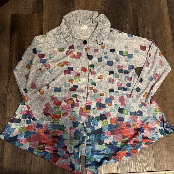 Et’ Lois Jacket Cardigan Confetti Colorful Top Shirt Sweater Ruffle Collar Neck - Picture 1 of 3